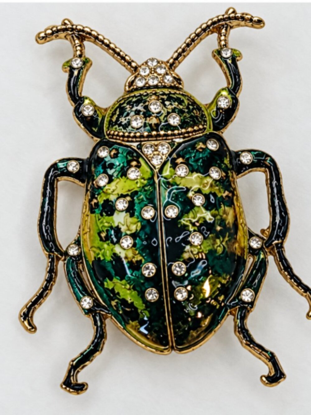 Gold Tone Beetle Brooch Pin Green & Yellow with Rhinestone Accents Goth Bug